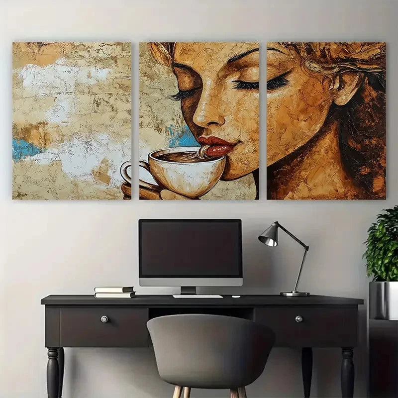 3pcs Abstract Lady Drinking Coffee Portrait Wall Art Set Canvas Framed 40x60cm - High Quality Print 100% Australian Made Wall Canvas Ready to Hang