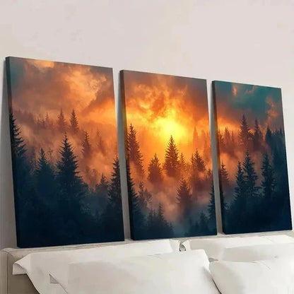 3pcs Sunrise Forest Misty Landscape D Wall Art Set Canvas Unframed - High Quality Print 100% Australian Made Wall Canvas - Bella Home Decor