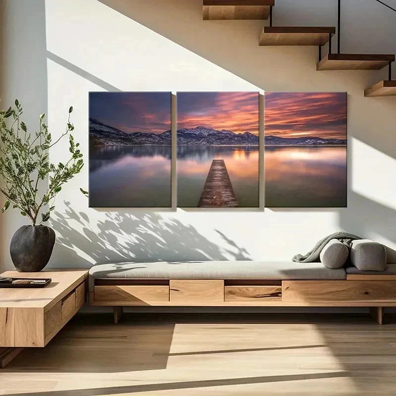 3pcs Landscape with Sunset Mountains & Lakes Wall Art Set Canvas Framed 40x60cm - High Quality Print 100% Australian Made Wall Canvas Ready to Hang