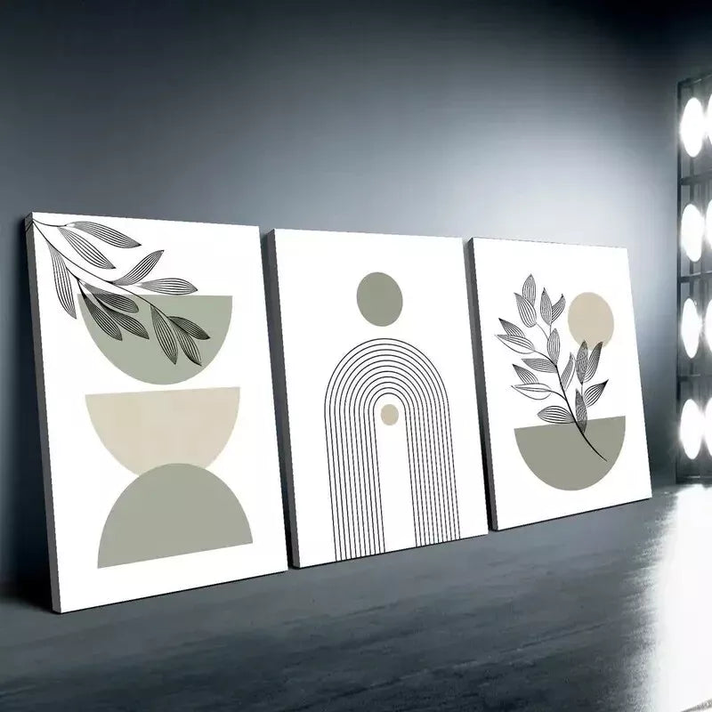 3pcs Boho Chic Sage Green Modern Abstract Geometric Designs Canvas Framed 40x60cm - High Quality Print 100% Australian Made Wall Canvas Ready to Hang