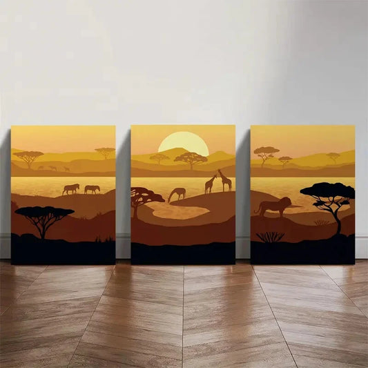 3pcs African Savanna Landscape Minimalist Metal Print Ready to Hang Art
