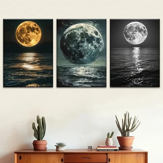 3pcs Night View Planet Ocean Mural Perfect Wall Art Set Canvas Framed 40x60cm - High Quality Print 100% Australian Made Wall Canvas Ready to Hang