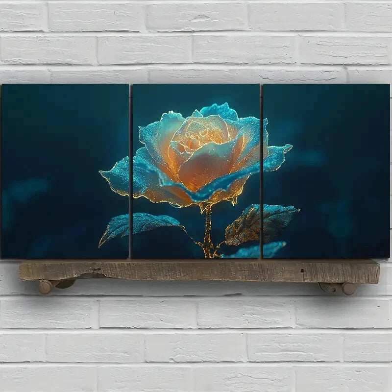 3pcs Abstract Golden Rose Flower Metal Print Ready to Hang Art