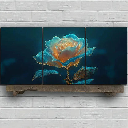 3pcs Abstract Golden Rose Flower Metal Print Ready to Hang Art