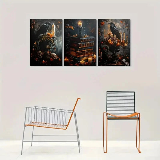 3pcs Gothic Dark Fantasy Raven Candle & Skull Metal Print Ready to Hang Art