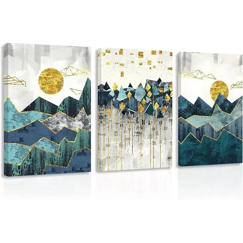 3pcs Abstract Painting Golden Sun Geometric Mountain Wall Art Set Canvas Unframed - High Quality Print 100% Australian Made Wall Canvas