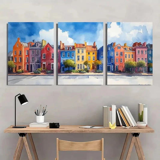 3pcs Rainbow Row Watercolor Charleston Perfect Wall Art Set Canvas Framed 40x60cm - High Quality Print 100% Australian Made Wall Canvas Ready to Hang