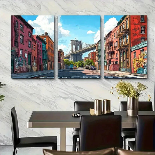 3pcs Vibrant Urban Landscape with Iconic Metal Print Ready to Hang Art