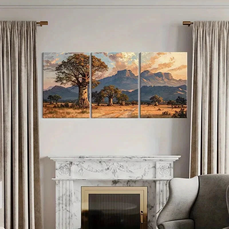 3pcs Mountain & Tree Silhouette Warm Sunset Metal Print Ready to Hang Art