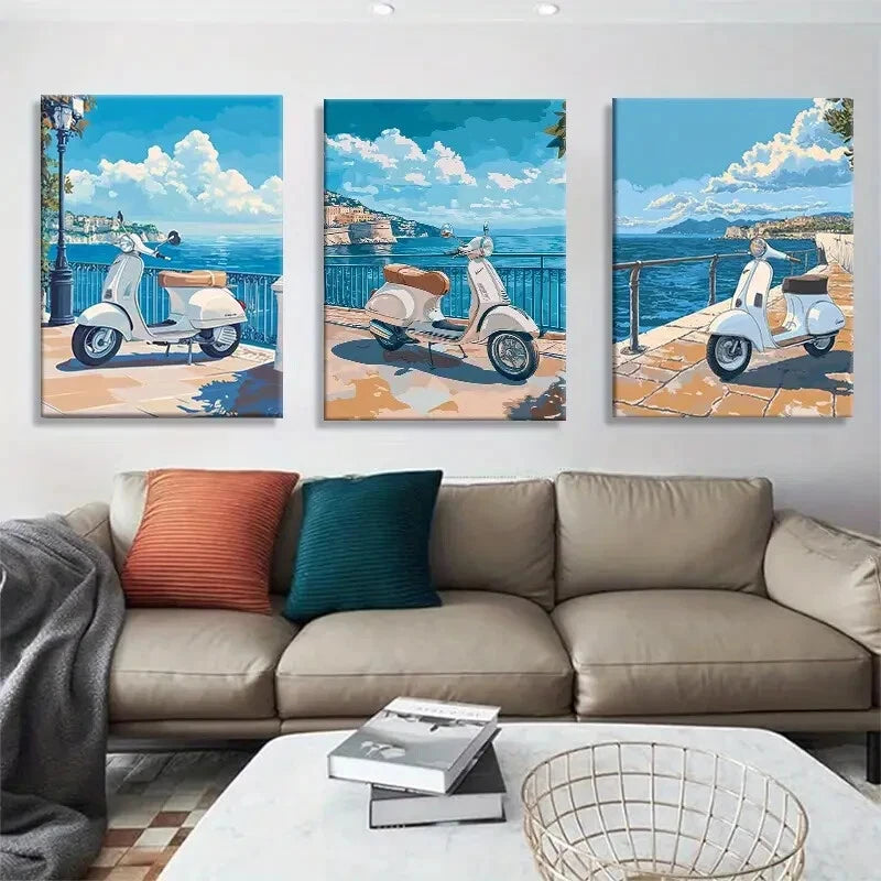 3pcs Retro Scooter Prints with Blue Sea View Metal Print Ready to Hang Art