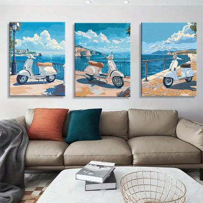 3pcs Retro Scooter Prints with Blue Sea View Metal Print Ready to Hang Art