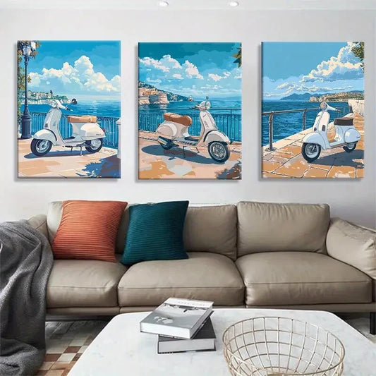 3pcs Retro Scooter Prints with Blue Sea View Metal Print Ready to Hang Art
