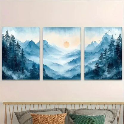 3pcs Japanese Misty Mountains With Sunrise Wall Art Set Canvas Framed 40x60cm - High Quality Print 100% Australian Made Wall Canvas Ready to Hang