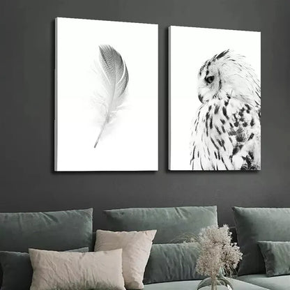 2pcs Owl Black and White Animal Feather Painting Canvas Framed 50x75cm - High Quality Print 100% Australian Made Wall Canvas Ready to Hang