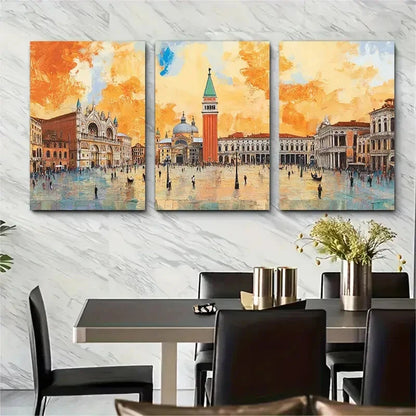 3pcs Venice Italy Travel Poster Orange Sky Metal Print Ready to Hang Art