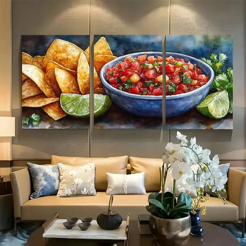 3pcs Chips and Salsa Mexican food Watercolor Metal Print Ready to Hang Art