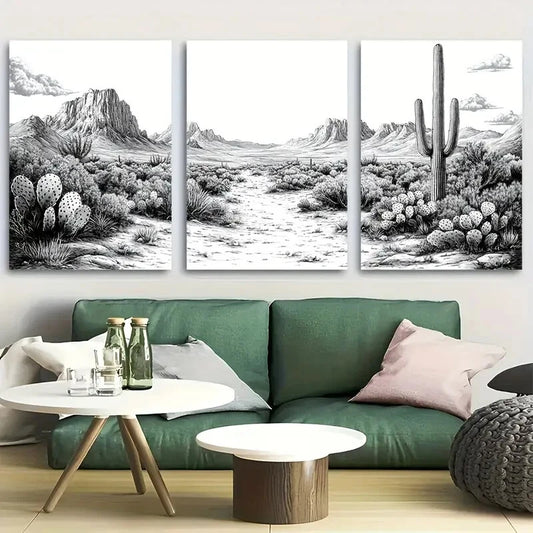 3pcs Black and White Cactus Southwest Desert Metal Print Ready to Hang Art