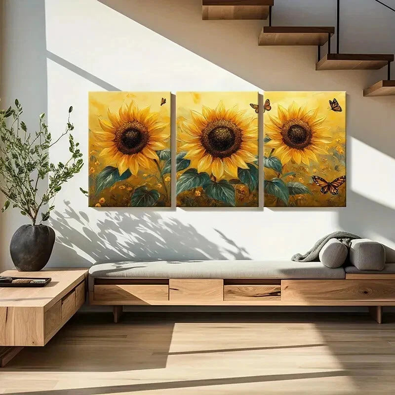 3pcs Sunflowers Butterflies Vibrant Colors Metal Print Ready to Hang Art