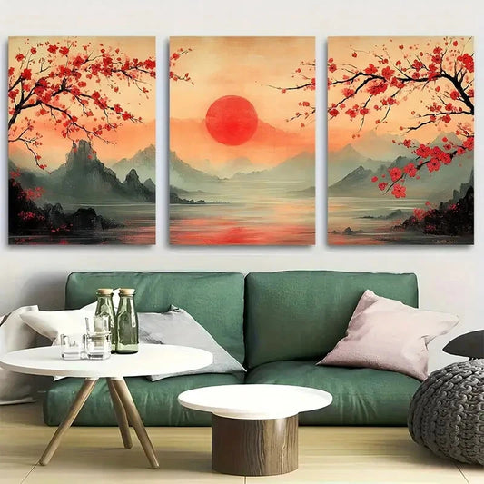 3pcs Japanese Landscape Cherry Blossom Metal Print Ready to Hang Art