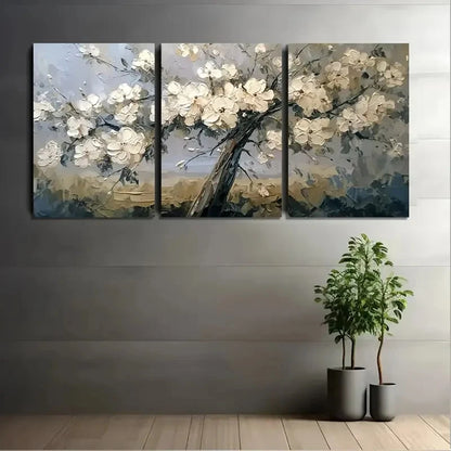 3pcs White Flowers On Tree With Detailed Wall Art Set Canvas Framed 60x90cm - High Quality Print 100% Australian Made Wall Canvas Ready to Hang