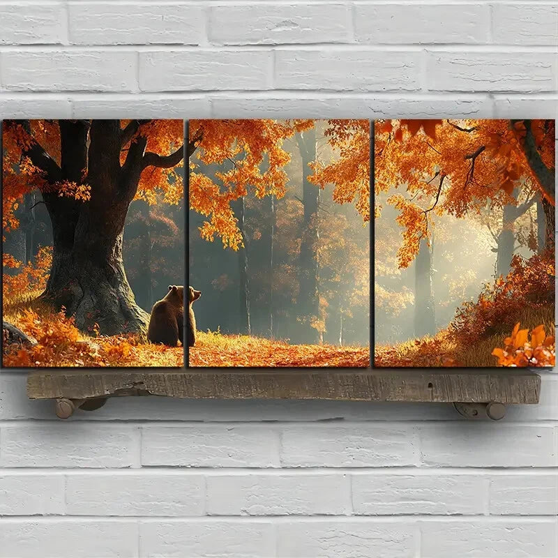 3pcs Bears in the Forest Big Trees Metal Print Ready to Hang Art