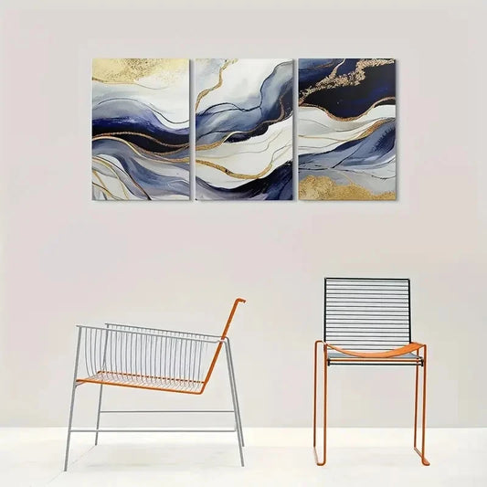 3pcs Blue White and Golden Abstract Metal Print Ready to Hang Art