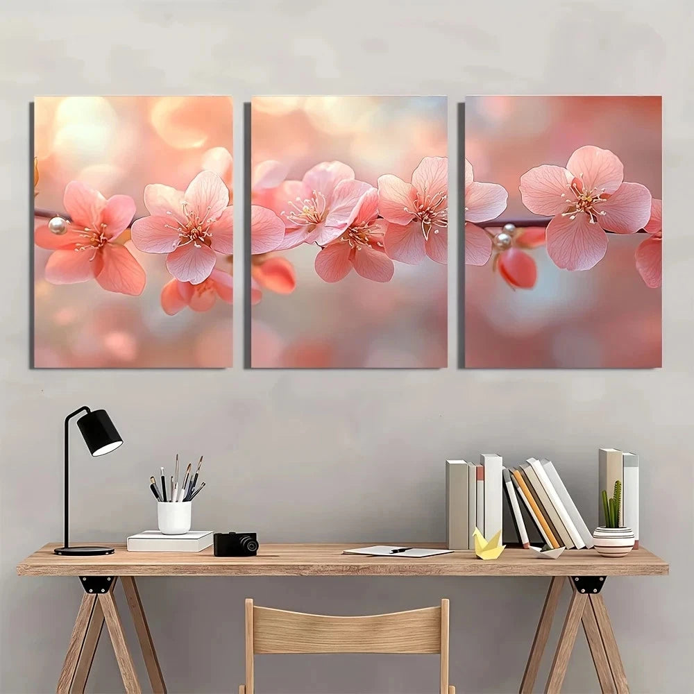 3pcs Cherry Blossom Romantic Light Pink Metal Print Ready to Hang Art