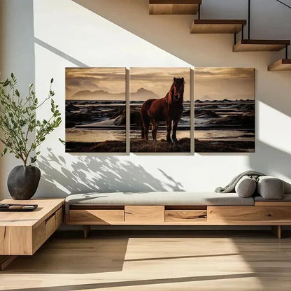 3pcs Brown Horse Near a River & Sunset Wall Art Set Canvas Framed 40x60cm - High Quality Print 100% Australian Made Wall Canvas Ready to Hang