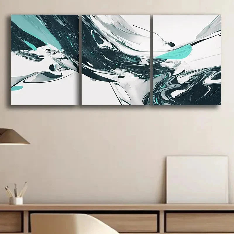 3pcs Abstract Wave Pattern Black White Teal Green Metal Print Ready to Hang Art