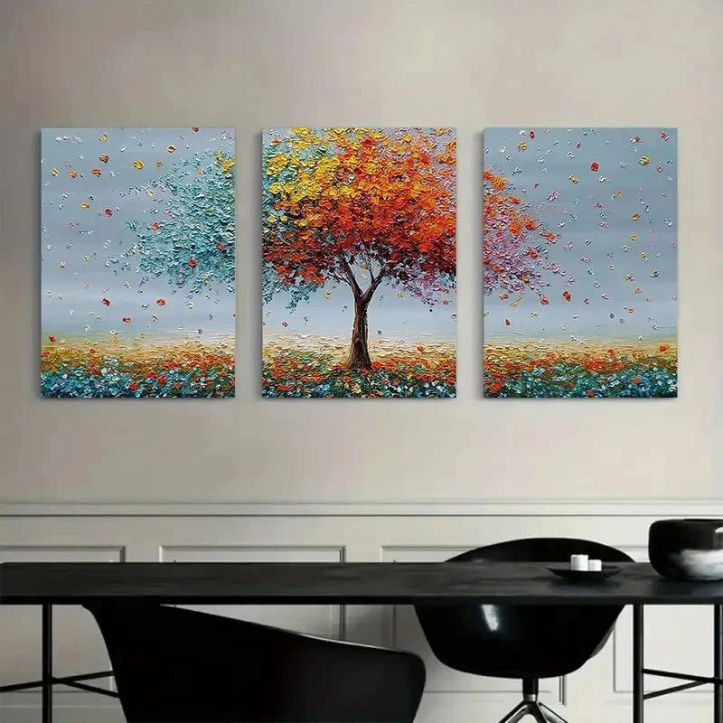 3pcs Tree with Colorful Leaves in Artistic Style Metal Print Ready to Hang Art