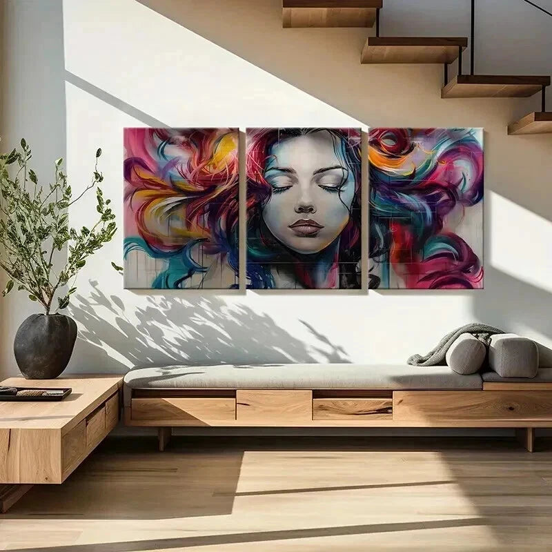 3pcs Abstract Woman Face Artwork Vibrant Colors Wall Art Set Canvas Framed 40x60cm - High Quality Print 100% Australian Made Wall Canvas Ready to Hang