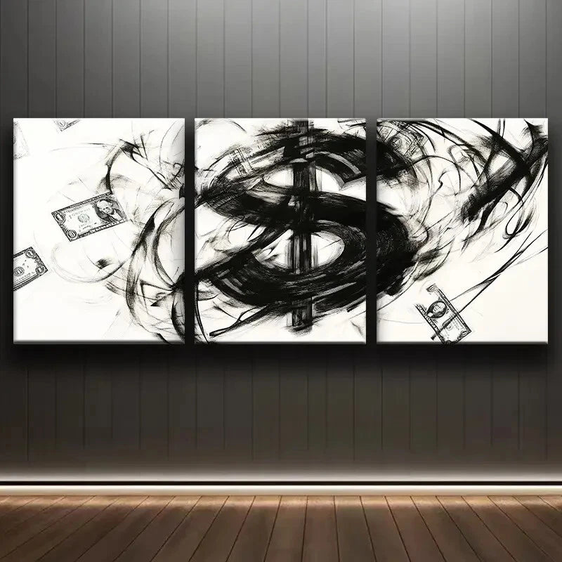 3pcs Modern Abstract Dollar Symbol and Money Metal Print Ready to Hang Art