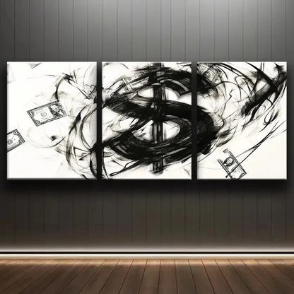 3pcs Modern Abstract Dollar Symbol and Money Metal Print Ready to Hang Art