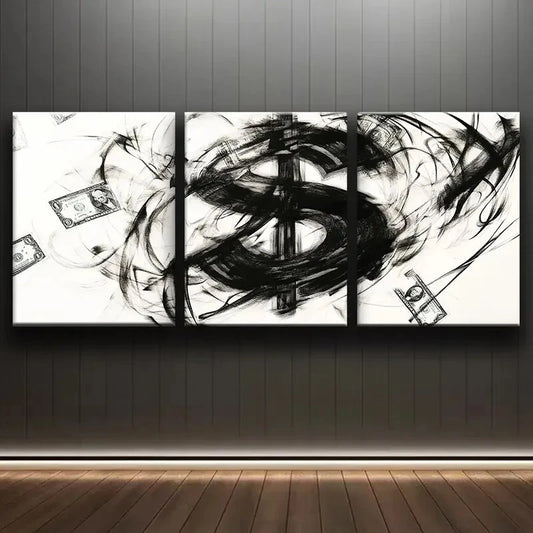 3pcs Modern Abstract Dollar Symbol and Money Metal Print Ready to Hang Art