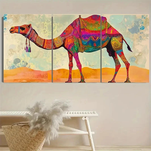 3pcs Vibrant Camel Bohemian Desert Scene Metal Print Ready to Hang Art