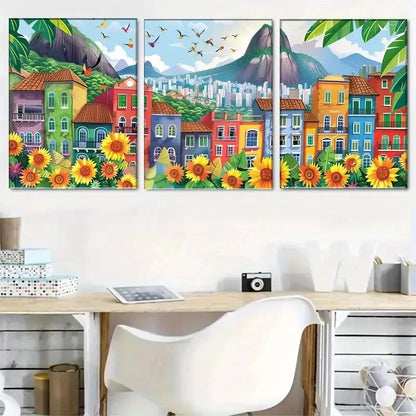 3pcs Vibrant Townscape and Sunflower Mountain Metal Print Ready to Hang Art