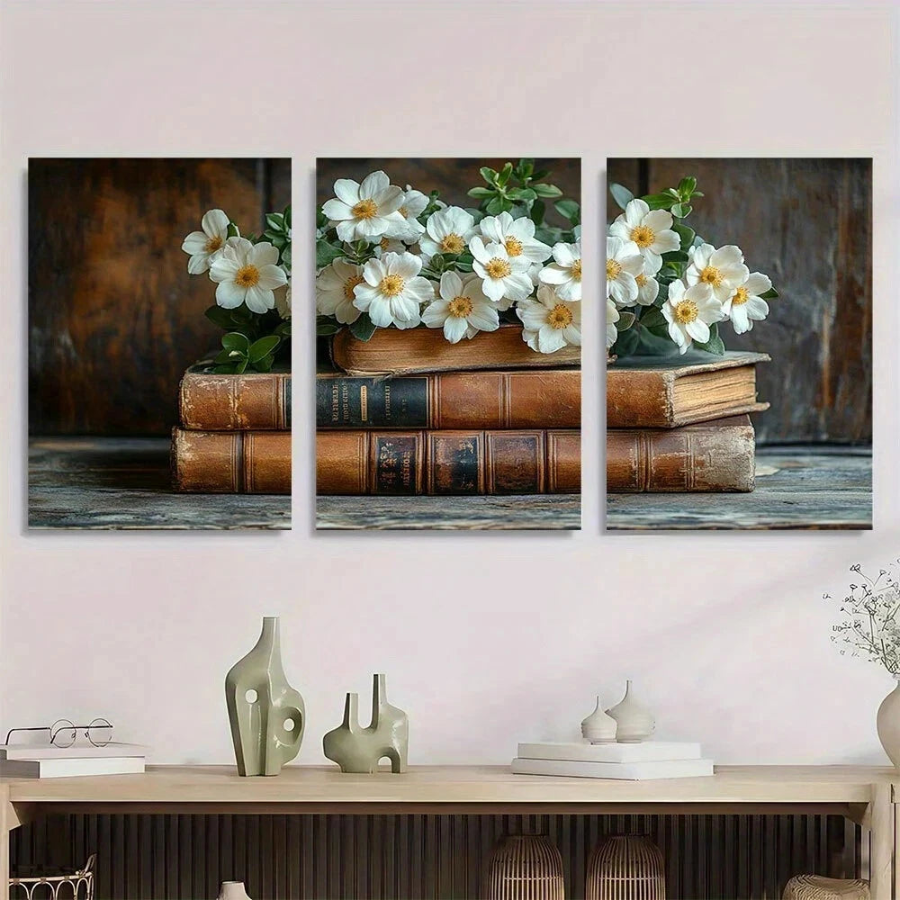 3pcs Farmhouse Flower Vintage Books Metal Print Ready to Hang Art
