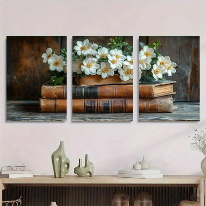 3pcs Farmhouse Flower Vintage Books Metal Print Ready to Hang Art