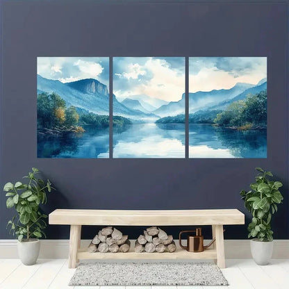 3pcs Watercolor Mountain River Serene Landscape Metal Print Ready to Hang Art
