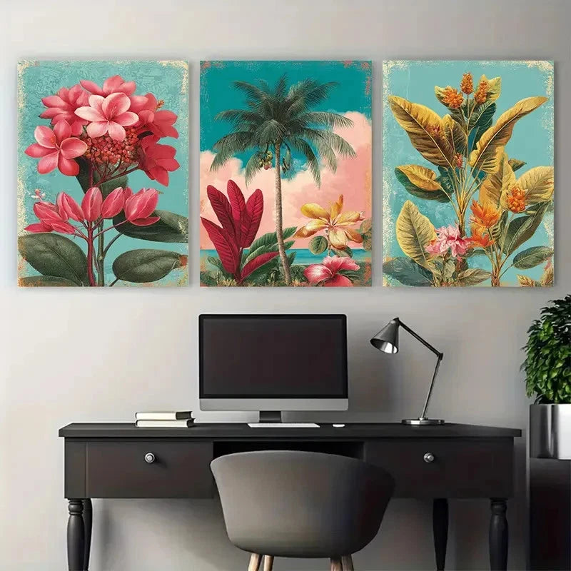 3pcs Bridgetown Travel Botanical Illustration Wall Art Set Canvas Framed 40x60cm - High Quality Print 100% Australian Made Wall Canvas Ready to Hang