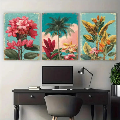 3pcs Bridgetown Travel Botanical Illustration Wall Art Set Canvas Framed 40x60cm - High Quality Print 100% Australian Made Wall Canvas Ready to Hang