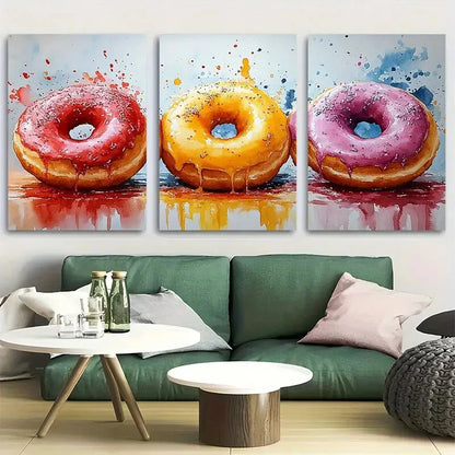 3pcs Vibrant Delicious Donut Watercolor Design Metal Print Ready to Hang Art
