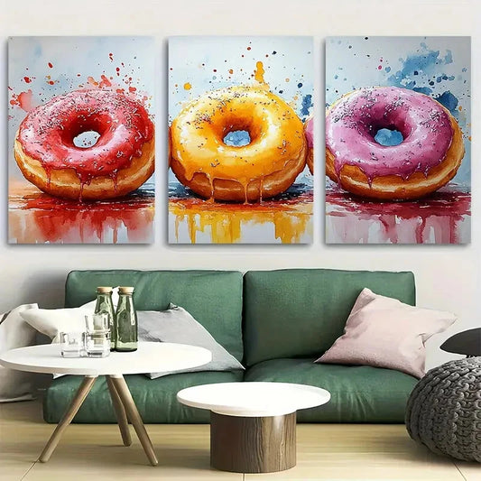 3pcs Vibrant Delicious Donut Watercolor Design Metal Print Ready to Hang Art