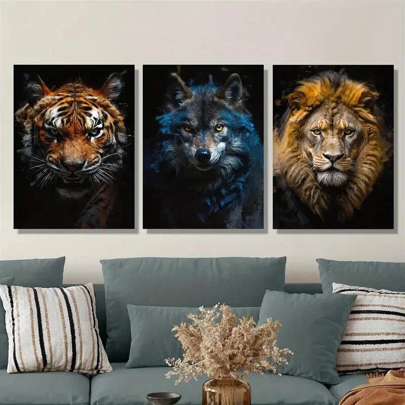 3pcs Animal portraits, tiger, lion and wolf, Metal Print Ready to Hang Art