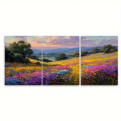 3pcs Wildflowers Meadow at Sunset Metal Print Ready to Hang Art