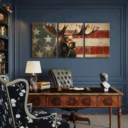 3pcs American Flag Moose Art Rustic Wildlife Metal Print Ready to Hang Art