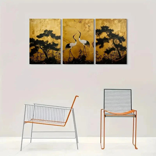 3pcs Golden Asian Crane Landscape Metal Print Ready to Hang Art