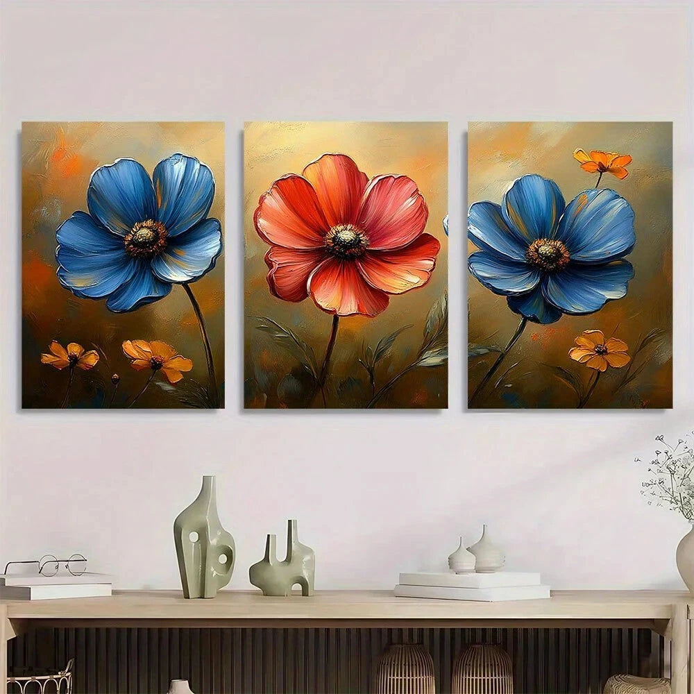 3pcs Colorful Flowers Red and Blue Metal Print Ready to Hang Art