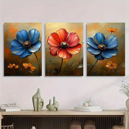 3pcs Colorful Flowers Red and Blue Metal Print Ready to Hang Art