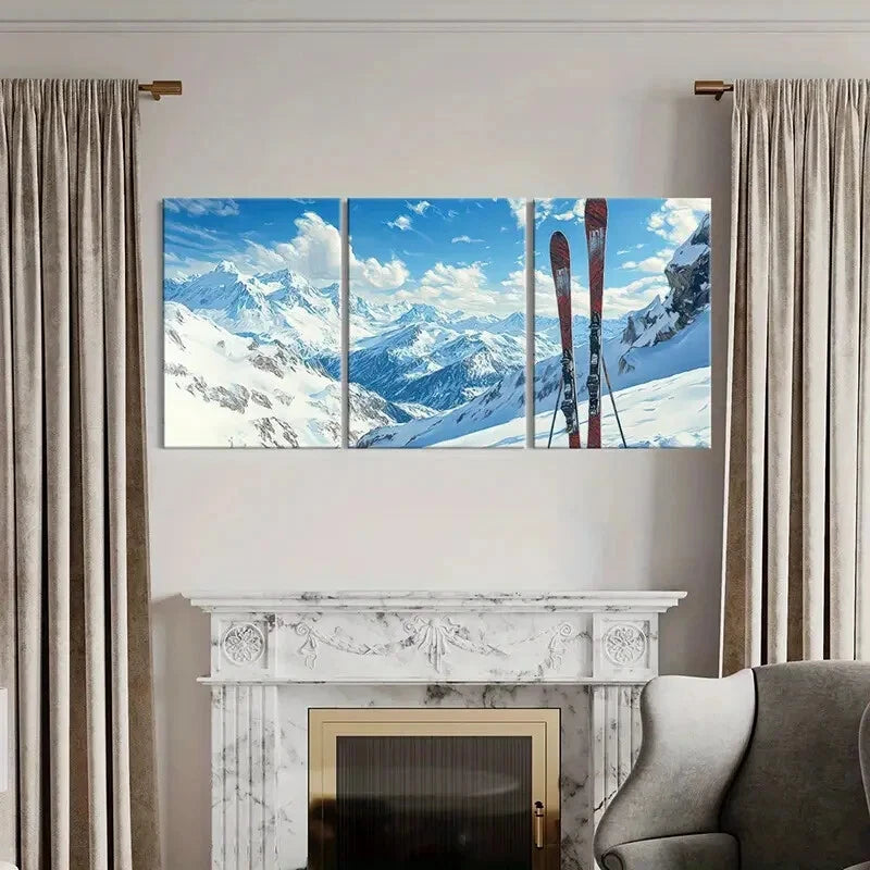3pcs Alpine Skiing Adventure Snowy Peaks Metal Print Ready to Hang Art